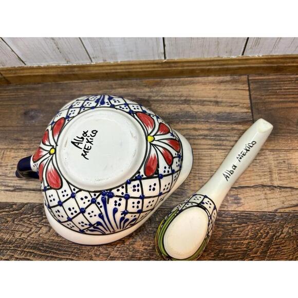 Talvera Mexican Pottery Serving Bowl and Spoon, Alba Botanical, Flower, Blue - Picture 5 of 5